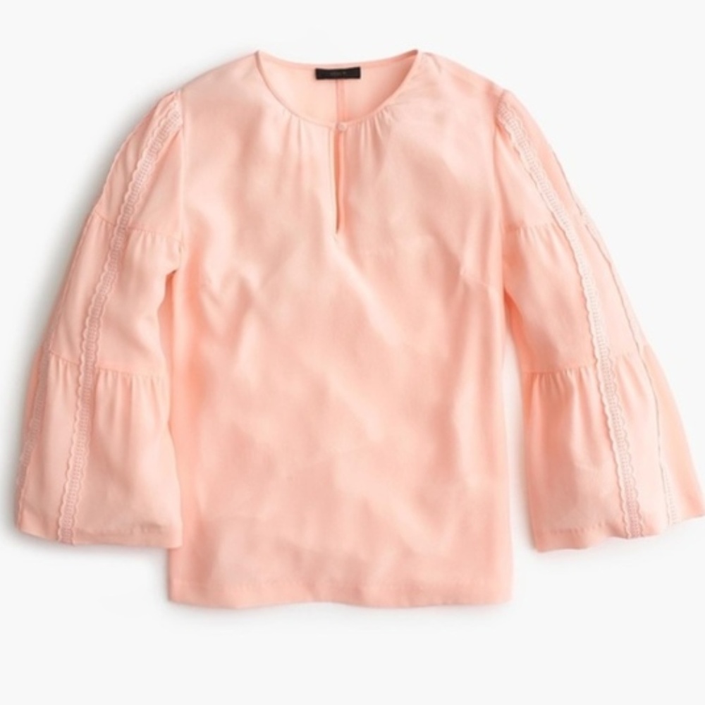 J Crew Embroidered Bell-Sleeve Silk Blouse.
